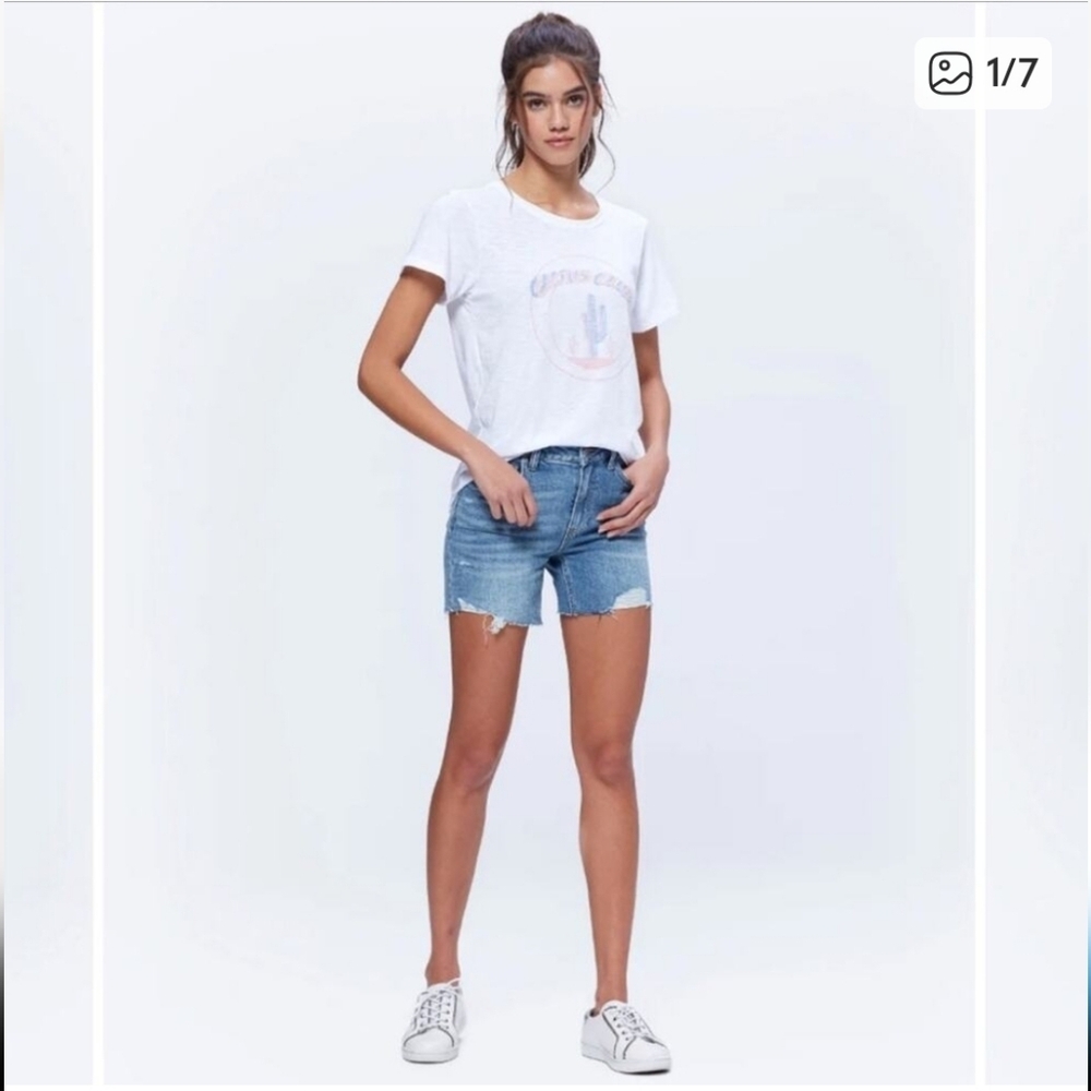 Paige Sarah Longline Shorts Light Wash Distressed Denim Shorts